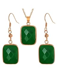 Jadelite Faceted Green Color Oblong Pendant and Earrings Set With 18" Chain