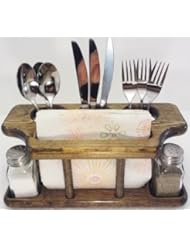 6pc Table Caddy Rich Mahogany Stained Pine Wood - Salt Pepper Utensils Napkins Holder