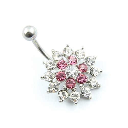 Buyinhouse Belly Button Ring 316L Surgical Steel 14 Guage Navel Belly Button Ring Bar - Clear and Purple Rhinestone Flower Style