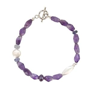 Amethyst, Iolite, and Crystal Gemstone Bead Toggle Bracelet with Brushed Satin Sterling Silver Beads, 8 3/4" Length, #7520