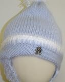 Ht25, Hand Made Blue Cotton with White Chenille Trim Floppy Hat and Blue Earflap White Chenille Pom Pom Trimmed with Antique Brass Teddy Bear Button Available in Sizes 0-6mo, 6-12mo, 12-18mo, 18-24mo