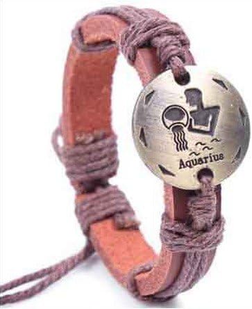 Simplifestyle 100% Hand-woven Hand-made Antique Brass Exotic Feeling Ladies Women Men Twelve Constellations Bracelets with Synthetic Leather Band-Aquarius Style