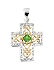 14K Two-Tone Gold Emerald and Diamond Anniversary Cross Pendant - 22.00x18.50mm -- LIFETIME WARRANTY