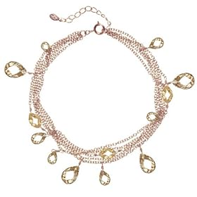 Rose Gold Over Sterling Silver Multi Layer Chain Bracelet W/ Champagne CZ 7.5in by 