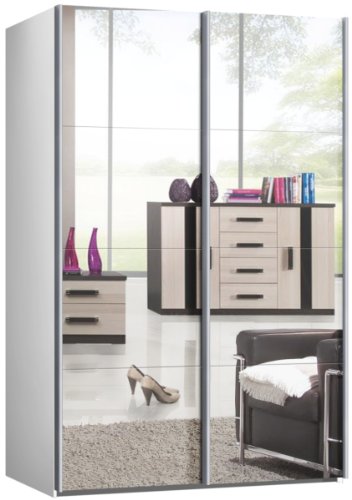 Schwebetürenschrank, Schiebetürenschrank, ca. 150 cm, Weiss mit Spiegel, Kleiderschrank