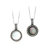 Sterling Silver, Mother-of-Pearl and Marcasite with Green Shell Reversible Pendant with Chain