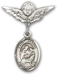 Sterling Silver Baby Badge with St. Jason Charm and Angel with Wings Badge Pin