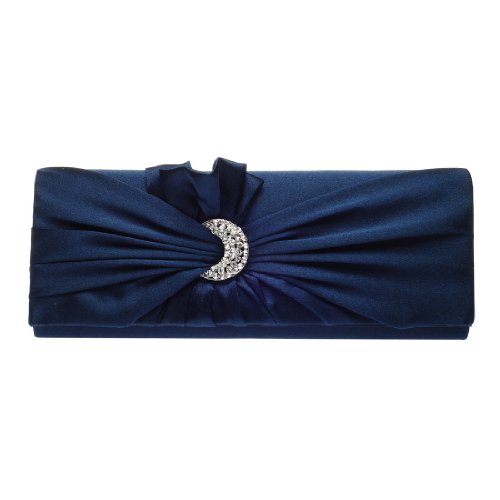 Damara Womens Pleated Satin Moon Shape Crystal Clutch Evening Bag