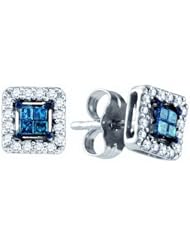 14K White Gold 0.26CT Blue Princess Cut & Round Cut Diamond Invisible Setting Earrings