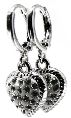 1.0″ Inch Heart Shape Swarovski Crystal Elements Simulated White Diamond CZ Dangle Drop Earrings, 14k White Gold Filled