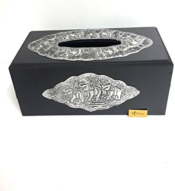 Thai Mango Wood with silver carving Tissue Box Length 10 inches X Height 4 inches Width 5 inches () (No.100008) (Free A Gift Mulberry Paper Key Chain Handmade)