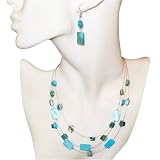 ChuvoraTripleStrandsOblongMotherofPearlShellNecklaceLightBlue16''-19''andEarringsJewelrySet