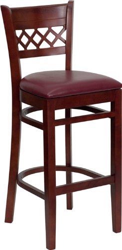 HERCULESâ„¢ Mahogany Finished Lattice Back Wood Bar Stool - Burgundy Vinyl Seat
