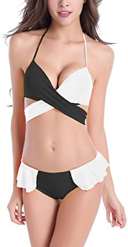 FASHION BIKINI Womens Push Up Bra Bikini Swimsuit (Large, Black-White)