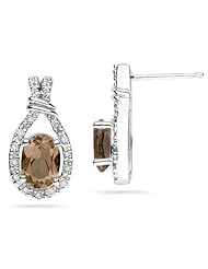 Smokey Quartz & Diamonds Oval Shape Earrings in White Gold