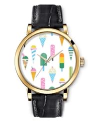 SPRAWL Aanalog Fashion Series Gold Ladies Watches of Genuine Black Leather Strap,Unique Wrist Watch for Women Girls Designed with Shoulders and ice cream colors
