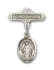 Sterling Silver Baby Badge with Our Lady of Lebanon Charm and Godchild Badge Pin