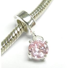Sterling Silver October Birthstone Dangle Pink Rose Cz Stone Pendant Bead For European Charm Bracelets: Jewelry
