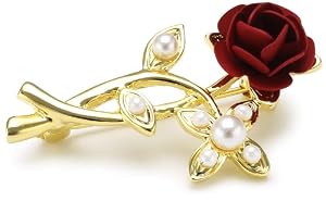 Gold Plated Red Rose With Pearls Flower Brooch