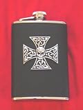 Stainless Steel Flask Black Leather with Tribal Tattoo Crystal jeweled Pewter Iron Cross Design
