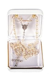 Baptismal Rosary - 5mm Glass Pearl Beads - 15" Chain - Sterling Plated Crucifix and Centerpiece - MADE IN ITALY - Gift Box Included
