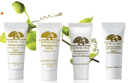 Origins Plantscription Anti-Aging Collection 4-Piece Travel Set: Serum, Eye Cream, SPF 25 Cream, Cleanser.