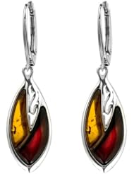 Baltic Honey and Cherry Amber Sterling Silver Leaf Leverback Earrings