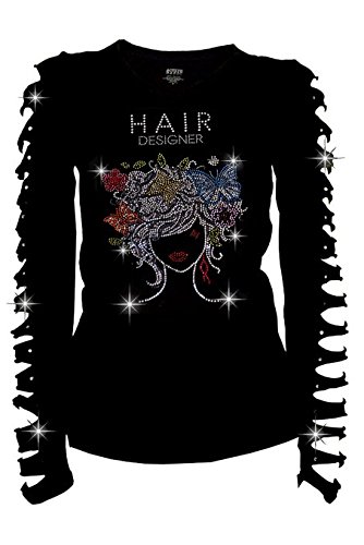 Active Junior Hair Designer Rhinestones T-shirt Ripped Slit Cut Out Salon Stylist Shirt (Large)