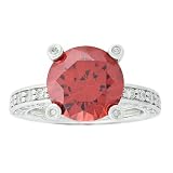 Platinum Overlay Sterling Silver "100 Facets Collection" Red Solitaire Cubic Zirconia Ring w/ Channel-Set Cubic Zirconia Accent, Size 9