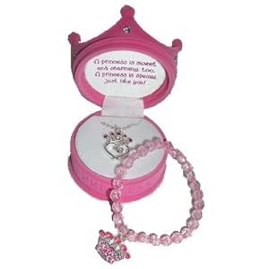 Girls Pink Princess Jewelry Set~ Tiara Necklace in Crown Box and Pink Beaded Bracelet