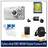 Sony Cybershot DSC-W350S W350 DSCW350 Silver 14.1 MP Digital Camera with 4GB Card, Card Reader, Carrying Case, LCD Screen Protectors, and Lens Cleaning Kit