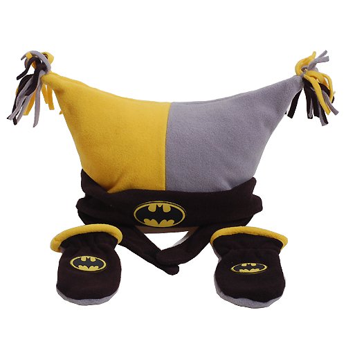  Batman Black Yellow Grey Fleece Pom Pom Hat Mittens Set Baby Boy