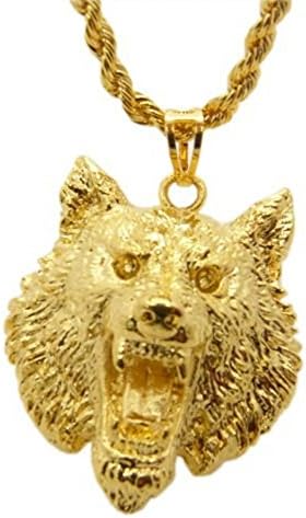 Skyjewelry Wolf Design Solid 24k Yellow Gold Plated Mens Pendant Necklace with Rope Chain