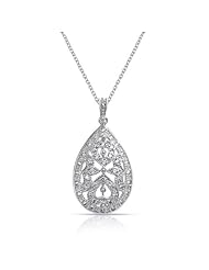 Bling Jewelry 925 Silver CZ Pave Vintage Bridal Teardrop Pendant Necklace