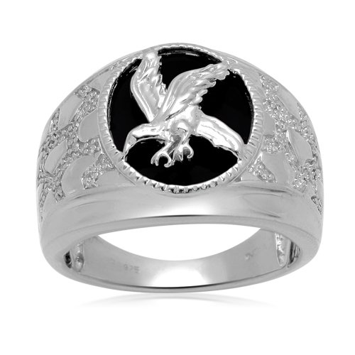 Mens Sterling Silver Enamel Eagle Oval Diamond Ring (0.05 cttw, I-J Color, I3 Clarity), Size 10