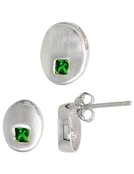 Sterling Silver Matte-finish Oval-shaped Earrings (9mm tall) & Pendant Slide (11mm tall) Set, w/ Princess Cut Emerald-colored CZ Stones
