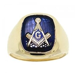 Solid Yellow Gold Men's Ring Square Blue Masonic Center