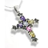 Multicolor CZ and Marcasite Cross Sterling Silver Pendant and 18 Chain Necklace