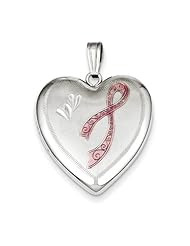 Sterling Silver 24mm Awareness Enameled D/C Pink Ribbon Heart Locket