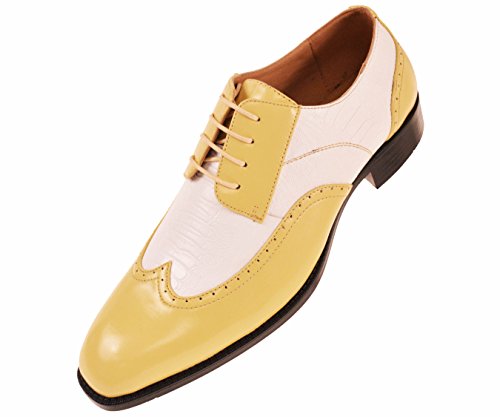 Bolano Mens Two-Tone Wingtip Smooth Lemon and White Ostrich Leg Print Oxford Dress Shoe: Style Cambria Lemon-040 10 D (M) US
