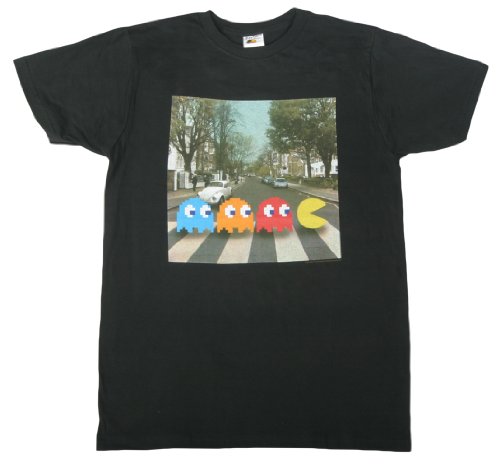 Pac-man Crossing Beatles Abbey Road Black Adult T-shirt Tee (Adult XX-Large)