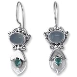Sterling Silver Mother-of-Pearl Flower Earrings w/ Apatite & Blue Chalcedony by Sajen