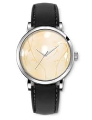 SPRAWL Aanalog Fashion Series Silver Ladies Watches of Genuine Black Leather Strap,Unique Wrist Watch for Women Girls Designed with Branches on beige background