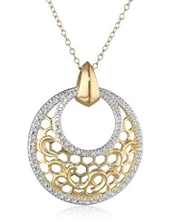 18K Yellow Gold Plated Sterling Silver Two-Tone Fine Matte Finish Round Filigree Pendant Necklace, 18"