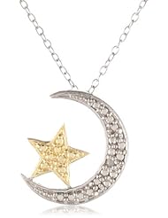 Goldtone Finish and Sterling Silver Diamond-Accented Moon and Star Pendant Necklace 18"