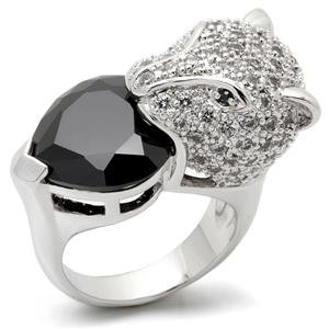 Size 9 Cat Head Jet Black Cubic Zirconia Brass Rhodium Ring