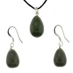 British Columbian Sepentine Jade Egg Shape Pendant and Earring Set - Pendant 11mm x 17mm, Earrings 10mm x 15mm - Adjustable Cord Necklace