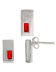 Sterling Silver Matte-finish Rectangular Earrings (11mm tall) & Pendant Slide (11mm tall) Set, w/ Emerald Cut Ruby-colored CZ Stones