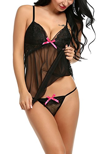 Avidlove Sexy Lingerie for Women Lace Babydoll Chemise Set Black L