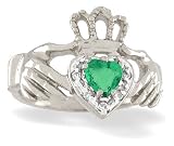 14K White Gold Genuine Heart Emerald and Diamond Celtic Claddagh Ring